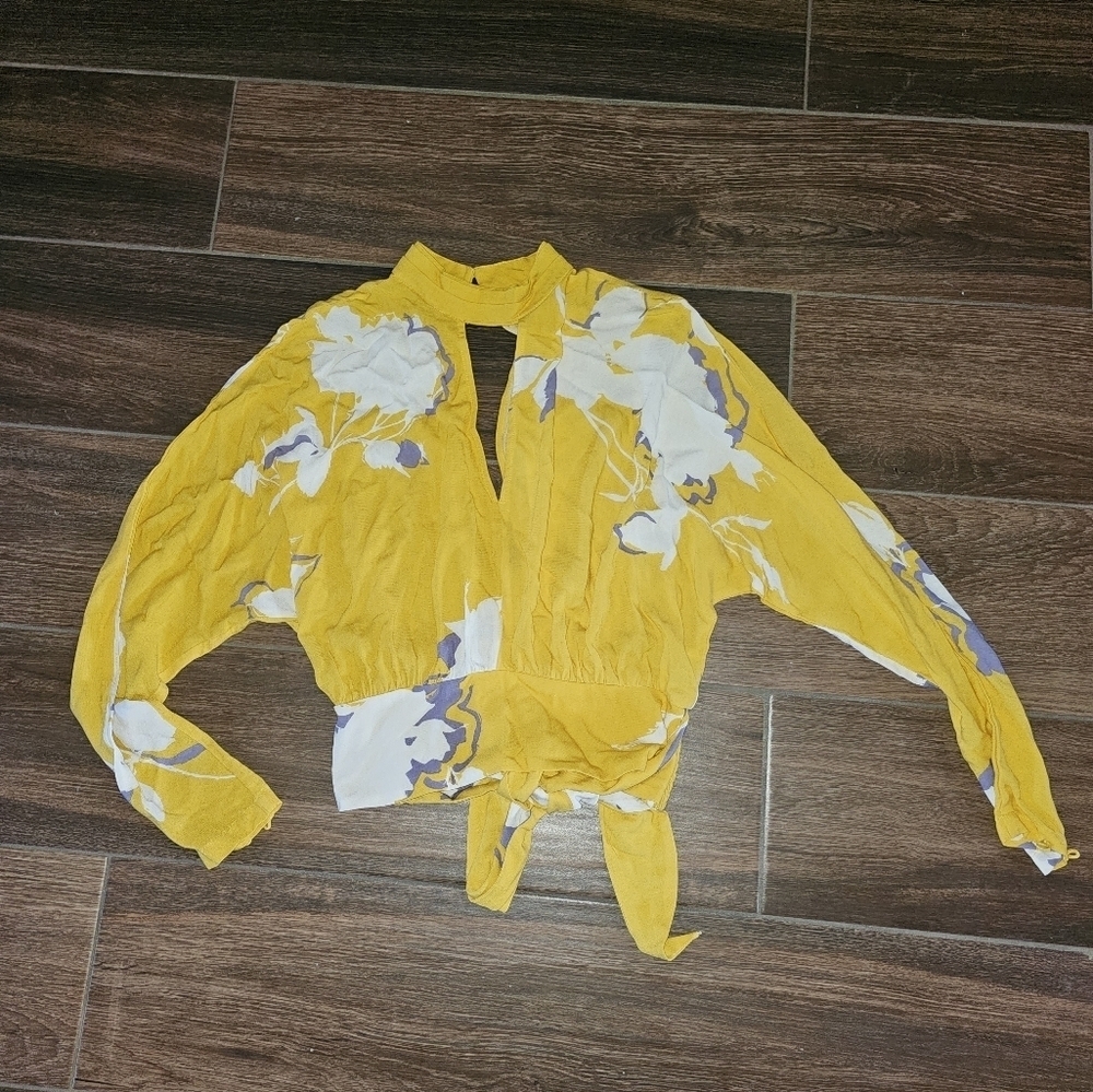 FREE PEOPLE YELLOW FLORAL SAY YOU LOVE ME BLOUSE SZ SMALL